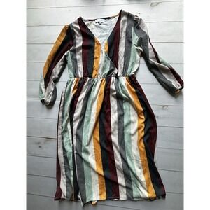 Piper and Scoot Striped Faux Wrap Midi Dress Long Sleeve Boho Size L